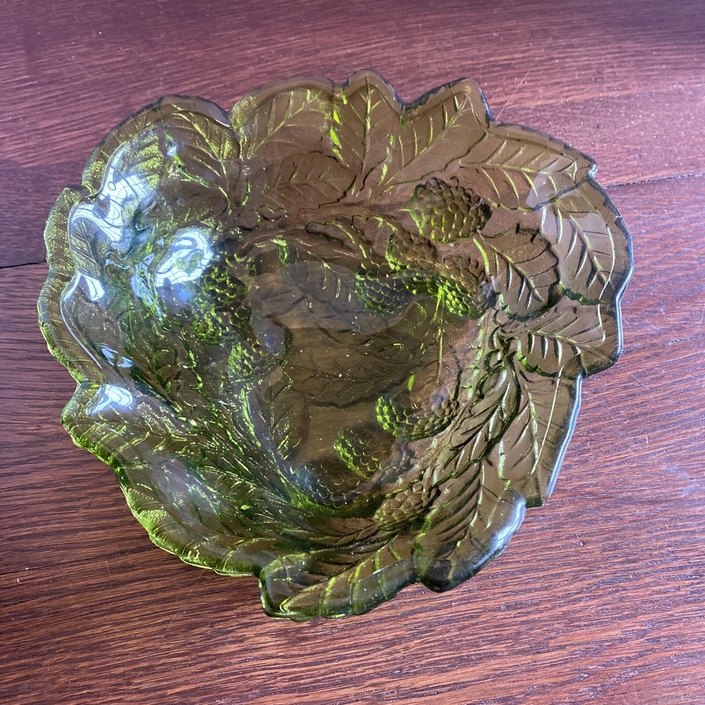 Vintage  Indiana Glass Candy Dish Avocado Green Raspberry Blackberry Leaf Design